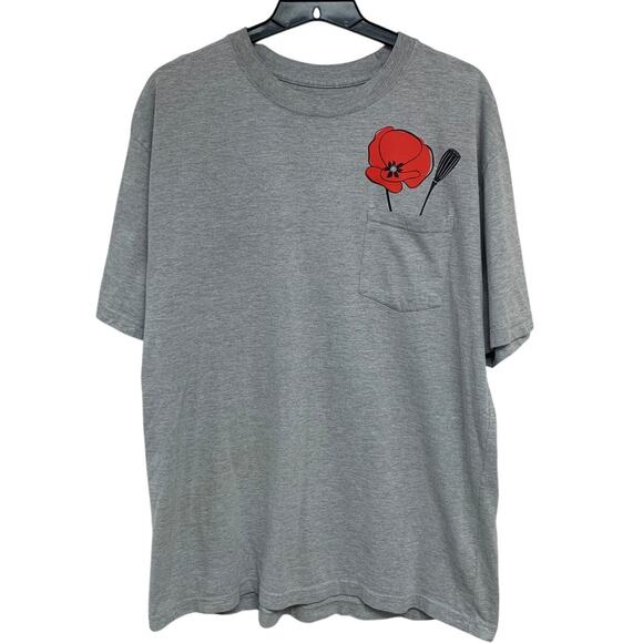 Upcycled Hand Printed Womens XL Red Poppy Flower Short Sleeve Pocket Tee Shirt - Picture 1 of 4